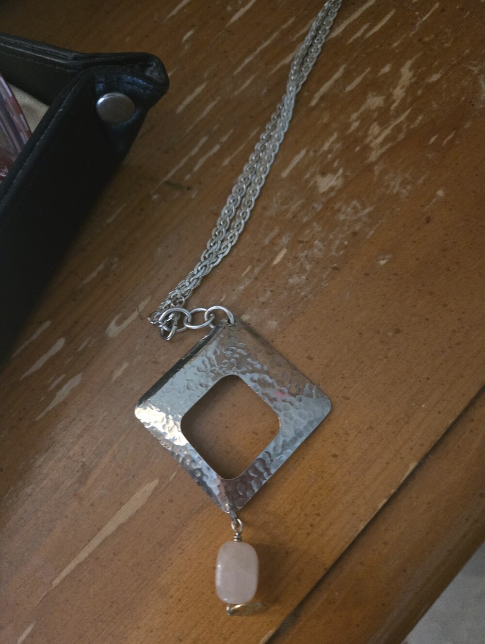Twisted Silver Hammered Square Pendant Necklace with Pink Bead